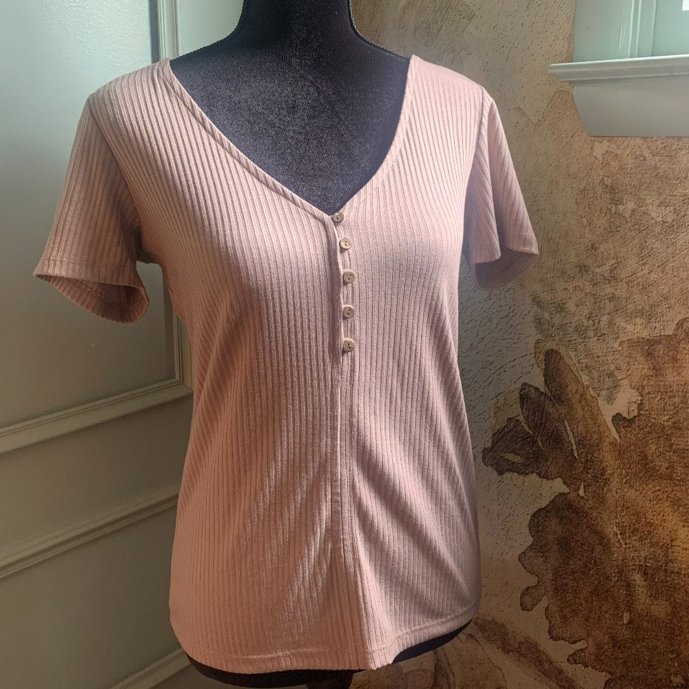 Wishlist Knit V-Neck Stretchy Top, Taupe-L
